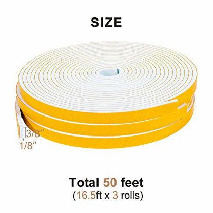 Picture of Yotache White Doors Windows Weather Stripping 3 Rolls 3/8 Inch Wide X 1/8 Inch Thick, Foam Insulation Sealing Gasket Tape for Doors, Sliding Door, Total 50 Feet Long (3 X 16.5 Ft Each)