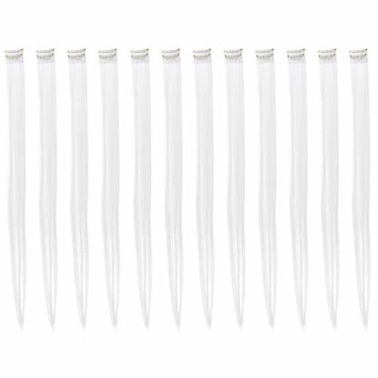 Picture of SWACC 12 Pcs Straight One Color Party Highlights Clip on in Hair Extensions Colored Hair Streak Synthetic Hairpieces (White)