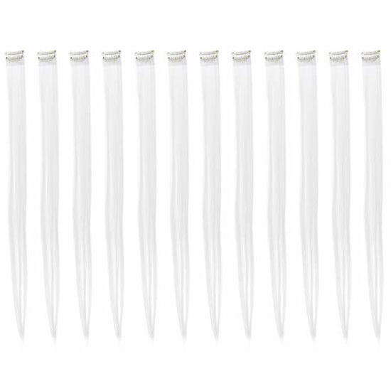 Picture of SWACC 12 Pcs Straight One Color Party Highlights Clip on in Hair Extensions Colored Hair Streak Synthetic Hairpieces (White)