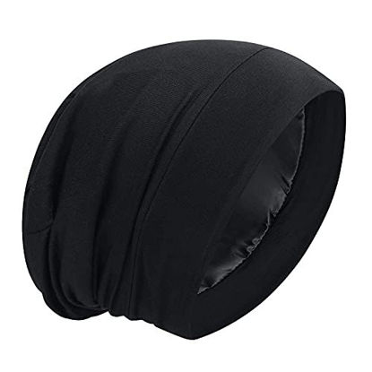 Picture of Satin Bonnet Silk Lined Sleep Cap Hair Cover Frizzy Hair Beanie Adjustable Slouchy Night Cap Hair Protection Patients Care (B L A C K)