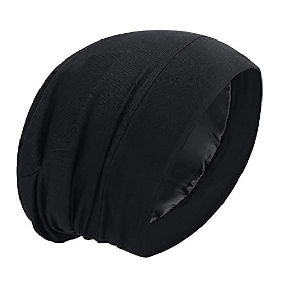 Picture of Satin Bonnet Silk Lined Sleep Cap Hair Cover Frizzy Hair Beanie Adjustable Slouchy Night Cap Hair Protection Patients Care (B L A C K)