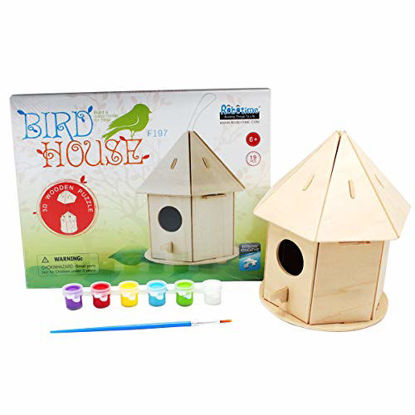 Picture of ROBUD Art Craft kit Build Your Own Wooden Bird House Toys 3D Painting Puzzle DIY Assembly Modle with 6 Color Pigments & Brush for Boys Girls Kid Children Fun Creative Gifts
