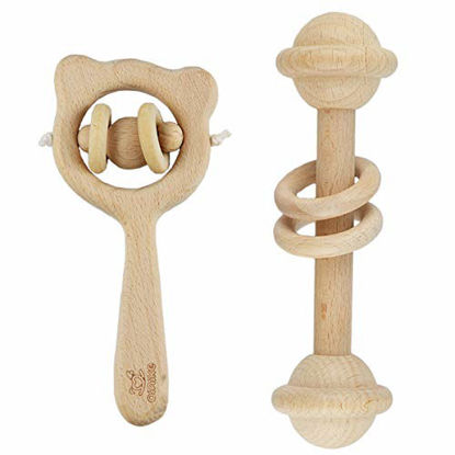 Picture of 2 Pieces Natural Wooden Teether Rattle Beech Wood Ring Montessori Bird Shape Grasping Toddler Toys
