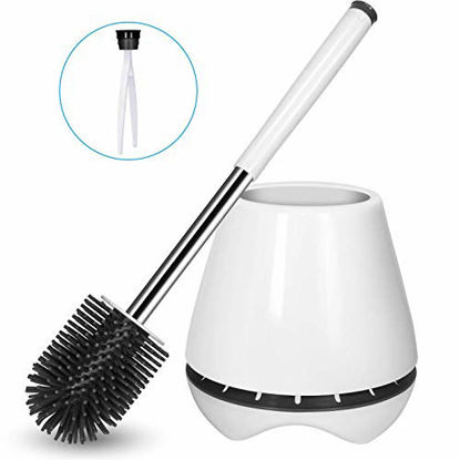 Picture of Toilet Brush and Holder Silicone Toilet Bowl Brush Bathroom Cleaning Bowl Brush Kit with Tweezers Sturdy Cleaning Toilet Brush