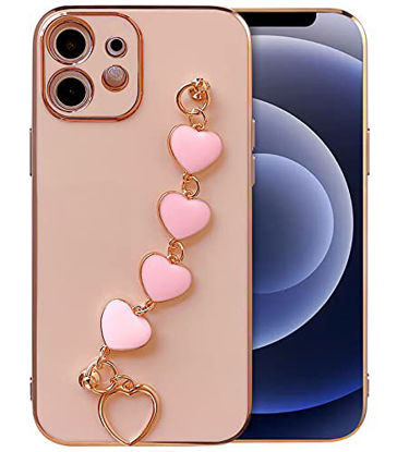 Picture of Qokey Compatible with iPhone 11 Case 6.1 inch Luxury Plating Soft TPU Case with Love Heart Chain Bracelet Strap Shiny Cute Pretty Protective Phone Cover for Women Grils Pink