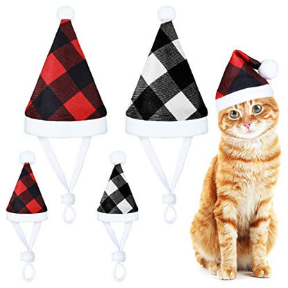 Picture of Xuniea Cat Christmas Hats 4 Pieces Plaid Dog Santa Hats Small Animal Hats Pet Christmas Hats Cat and Dog Pet Costumes 5.5 x 7.8 Inch, 3.5 x 4.3 Inch (Black and Red, Black and White,Plaid Pattern)
