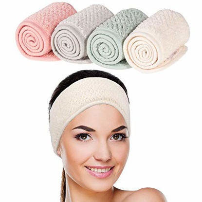 Picture of Whaline 4 Pack Spa Facial Headband Super Absorption Makeup Hair Wrap Adjustable Coral Fleece Hair Band Soft Towel Head Band for Face Washing, Shower Sports Yoga (Pea Green, Pink, Beige, Light Gray)