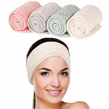 Picture of Whaline 4 Pack Spa Facial Headband Super Absorption Makeup Hair Wrap Adjustable Coral Fleece Hair Band Soft Towel Head Band for Face Washing, Shower Sports Yoga (Pea Green, Pink, Beige, Light Gray)