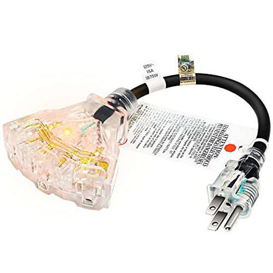 Picture of FIRMERST 1FT 3 Outlets Lighted Outdoor Extension Cord 1875W 14AWG Black, UL Listed