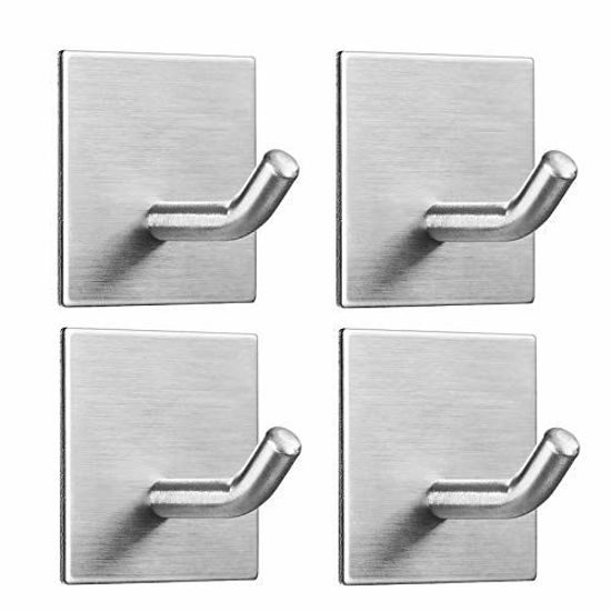 Picture of FOMANSH Heavy Duty Adhesive Hooks, Stick on Wall Adhesive Hangers, Strong Stainless Steel Holder, Self Adhesive Hooks for Kitchen Bathroom Home Door Towel Coat Key Robe 4 Packs Silver