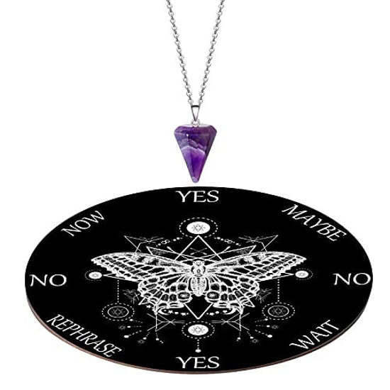 Picture of Butterfly Pendulum Board dowsing Necklace Divination Altar Witchcraft Wooden kit Chart Wiccan Wand Crystal Game Divinity Metaphysical Message Quartz Chakra Healing Stone (Black)