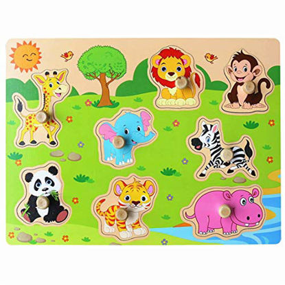 Picture of Muxihosn Wooden Zoo Animals Pegged Puzzles Set with Tray for Home Preschool Learning Educational Development Game Toy for Age 1-3 Years Old Kids Boys Girls Toddler Children