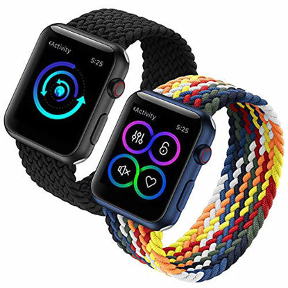 Picture of 2 Pack Compatible with Apple Watch Band 38mm 40mm 42mm 44mm, Braided Elastic Solo Loop Sport Strap Compatible for iWatch Series7 6 5 4 3 2 1 SE Colorful + Black