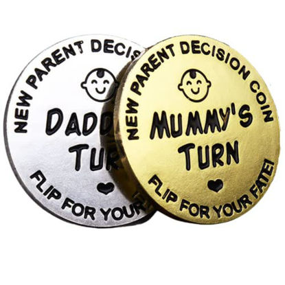 Picture of 2 Pcs Parent Decision Coin for New Parents, Fun Flip Coin Gold Silver, Mommy's Turn Daddy's Turn Coin, New Baby Shower Gifts, Pregnancy Girls First Time Moms Dads to Be Coin Collecting (Double-Sided)
