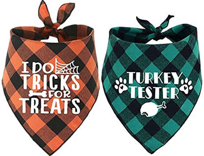 Picture of 2 Pack Fall Dog Bandanas Halloween Thanksgiving Pets Bandanas Triangle Bibs Adjustable Puppy Scarf for Small Medium Large Dogs Cat Pet Costume