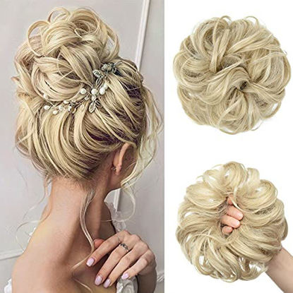 Picture of CJL HAIR Messy Bun Hair Piece Wavy Curly Large Scrunchies Pale Ash Blonde Synthetic Chignon Ponytail Hair Extensions Thick Updo Hairpieces for White Women Girls Kids