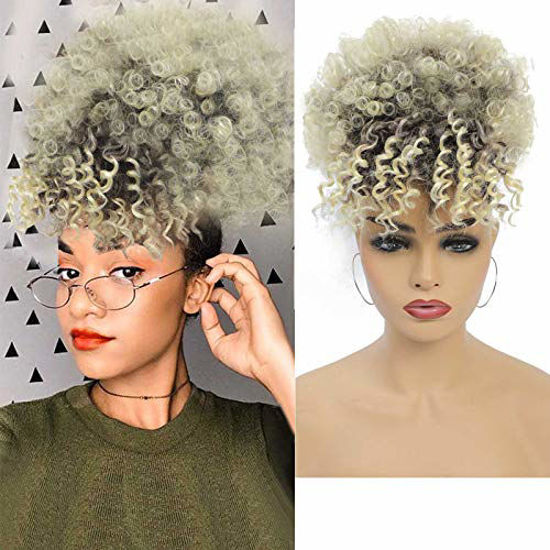 GetUSCart- G&T Wig Afro High Puff Hair Bun Drawstring Ponytail with Bangs  Short Kinky Curly Pineapple Pony Tail Clip in on Wrap Updo Hair Extensions  for African American Black Women (Bun with