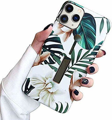 Picture of YTanazing Compatible with iPhone 12/12 Pro Case with Finger Grip,3D Print Green Leaves with Flowers Pattern Design Rugged Shockproof Slim Fit Dual Layer Finger Ring Loop Case for iPhone 12/12 Pro