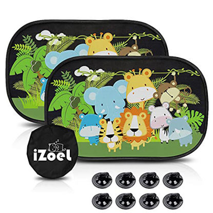 Picture of MOVINPE Car Sun Shade for Baby Kids 2 Pack Static Cling Side Window Car 80GSM Rear Sunshades Universal with 8 Suction Cups and Storage Bag - Sun Glare and UV Rays Protection Jungle Animals