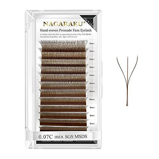 Picture of NAGARAKU W Eyelash Extension 3D Volume Premade 0.07mm D curl 8-12mm mix Faux Mink Natural Brown Cluster Easy Fanning yy Eye Lashes