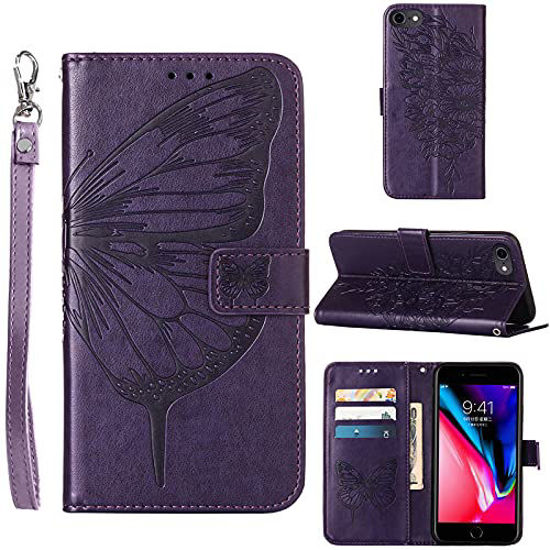 Picture of Compatible for iPhone 8 Wallet Case,iPhone 7 Case,iPhone SE 2020 Case,iPhone 6/6S Case,[Kickstand][Wrist Strap][Card Holder Slots] Butterfly Floral Embossed PU Leather Flip Protective Cover (Purple)