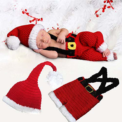 Picture of 2 PCS Baby Photography Props Newborn Crochet Santa Claus Outfits -Christmas Cap Knitted Suspender Trousers for Boys Girls Photoshoot Christmas