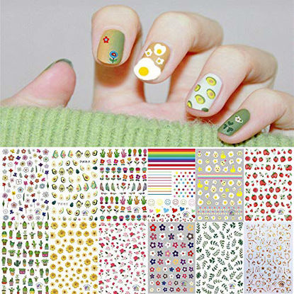 Picture of 1000+ Patterns Nail Art Stickers Decals for Women Kids, Kalolary 3D Self-Adhesive Spring Stickers Flower Fruit Plant Stars Moon Smiling Face for Girls Manicure Salon Gift for Women Girl(12 Sheets)