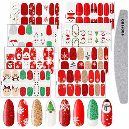 Picture of 8 Sheets Christmas Nail Stickers Strip Nail Polish Stickers Full Nail Wrap Adhesive Nail Decals with Deer Snowman Xmas Tree Design and Nail File for Women Christmas Nail Decoration (Cute Style)