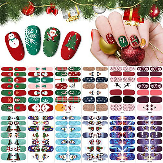 Amazon.com: 12 Sheets Christmas Nail Wraps Full Stickers Nail Polish  Strips, DIY Self-Adhesive Nail Art Glitter Decals Santa Claus Reindeer Xmas  Hat Pattern with 2 Piece Nail Files for Party Decor (168