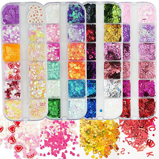 Picture of AddFavor 4 Boxes Holographic Nail Glitter Mixed Iridescent Glitters Sequin Flakes Heart Letter Lovely DIY Design Manicure Nail Art Decorations Sets for Nail Art/Craft/Makeup