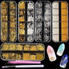 Picture of editTime 5 Boxes Gold & Silver Metal Nail 3D Punk Studs Star Moon Heart Triangle Square Rivet Gems Nail Art Jewels with a Curved Tweezers and a Nail Brush (gold & silver)