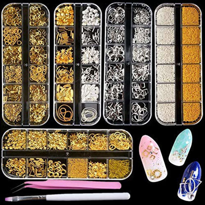 Picture of editTime 5 Boxes Gold & Silver Metal Nail 3D Punk Studs Star Moon Heart Triangle Square Rivet Gems Nail Art Jewels with a Curved Tweezers and a Nail Brush (gold & silver)
