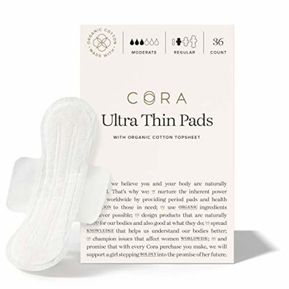 Picture of Cora Ultra Thin Organic Cotton Period Pads, Regular Absorbency, with Wings & Dry Wicking Technology (New & Improved 36 Count)