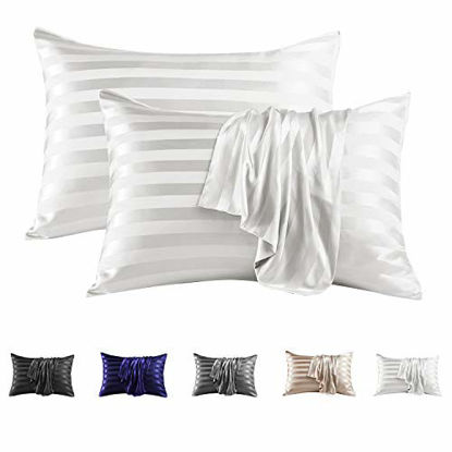 Picture of MR&HM Satin Pillowcase for Hair and Skin, Silk Satin Pillowcase 2 Pack, King Size Pillow Cases Set of 2, Silky Pillow Cover with Envelope Closure (20x40, Ivory Striped)