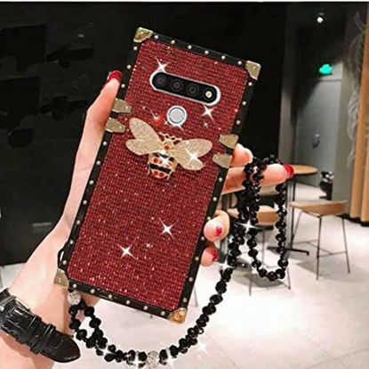 Picture of KADSONG for LG K51 Luxury Bling Glitter Sparkle Cute Gold Square Corner Soft Shock-Absorption Phone Case Cover with Strap - red