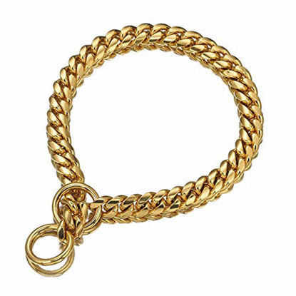 Picture of Aiyidi Strong 18K Gold Plated Dog Chain Collar Stainless Steel Width 10mm,12mm, 15mm, 18mm Cuban Link Choke Collar for Dog's Training , Daily Use (10mm, 12 inches)