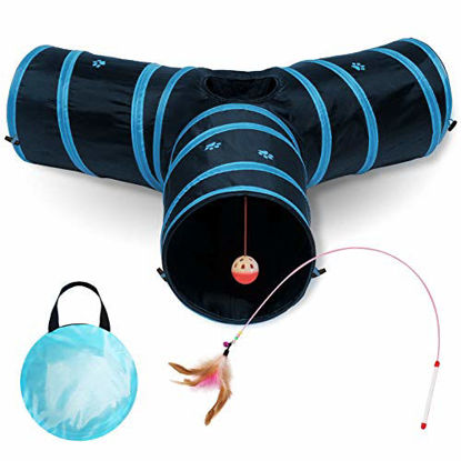 Picture of All Prime Cat Tunnel - Also Included is a ($5 Value) Interactive Cat Toy - Toys for Cats - Cat Tunnels for Indoor Cats - Cat Tube - Collapsible 3 Way Pet Tunnel - Great Toy for Cats & Rabb (Blue)