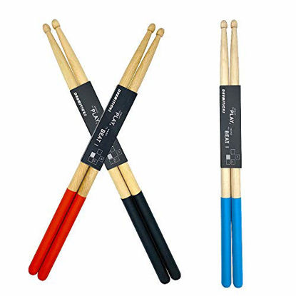 Picture of 3 Pairs Drum Sticks with Non-Slip Rubber Handle, Futu 5A Maple Drumsticks- Black, Red, Blue