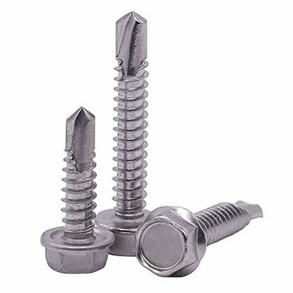 Picture of #8 x 1-1/2" (1/4" to 3" Available) Hex Washer Head Self Drilling Screws, Self Tapping Sheet Metal Tek Screws, 410 Stainless Steel, 100 PCS