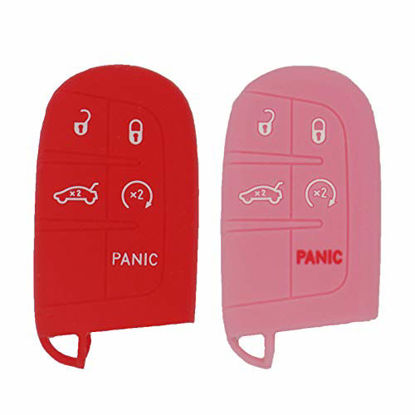 Picture of LemSa 2Pcs 5 Buttons Silicone Key Fob Cover Case Remote Keyless Protector Bag Holder Compatible with Jeep Grand Cherokee Dodge Challenger Charger Dart Durango Journey Chrysler 300, Red Pink