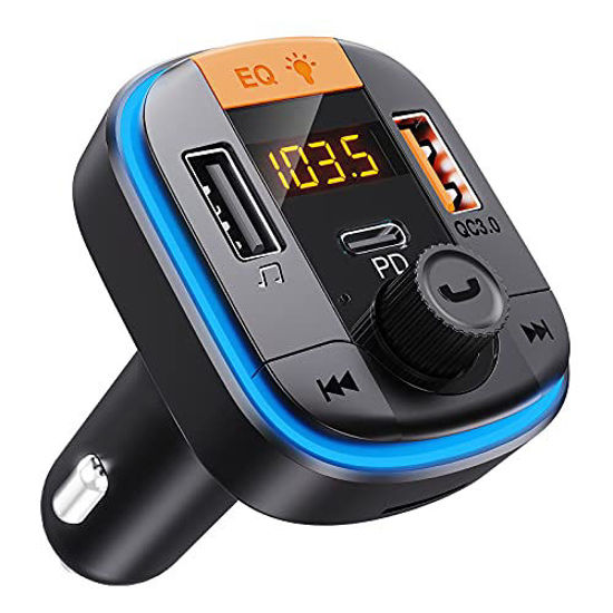 Bluetooth Car Adapter, Wireless Bluetooth 5.0 FM Transmitter for Car, QC  3.0 Fast Car Charger, MP3 Music Player Hand-Free Call 7 Colors LED Backlit