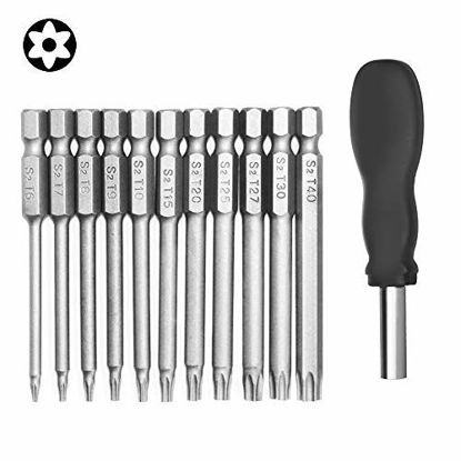 Picture of 11 Pack Torx Head Screwdriver Bit Set,DanziX 1/4 inch Hex Shank T6-T40 S2 Steel 3 Inch Long Security Tamper Proof Screwdriver Drill Tool Kit with 1 Manual Handle