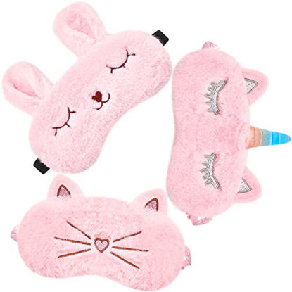 Picture of Plush Sleeping Eye Cover 3 Pieces Bunny Eye Blindfold Cat Sleep Eye Cover Unicorn Sleeping Eye Shade Soft Funny for Kids Girls and Adult Travel (Pink)
