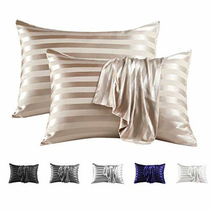 Picture of MR&HM Satin Pillowcase for Hair and Skin, Silk Satin Pillowcase 2 Pack, Standard Size Pillow Cases Set of 2, Silky Pillow Cover with Envelope Closure (20x26, Champagne Striped)