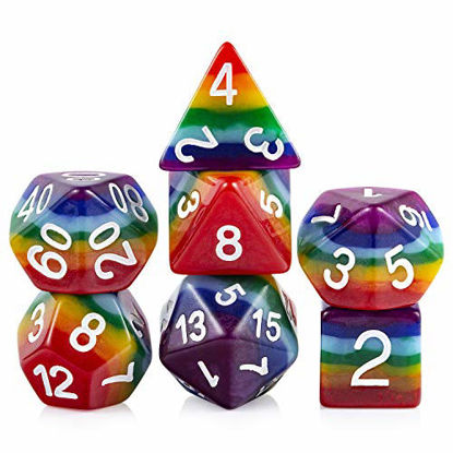 Picture of Rainbow D&D Game Dice Set, DNDND Resin 7 Dice Rainbow Dice Set with Free Organza Bag for Dungeons and Dragons Rolling Table Games