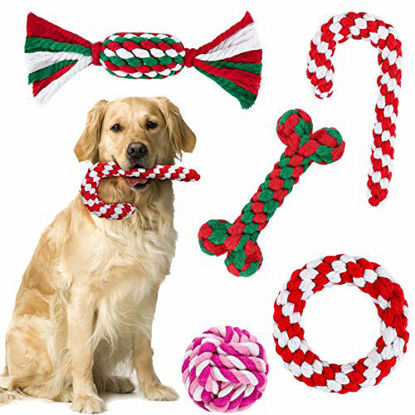 Picture of ADXCO 5 Pack Christmas Dog Rope Toys for Aggressive Chewable Christmas Theme Pet Chew Toys Crutch and Bone Shape for Small Medium Large Dog