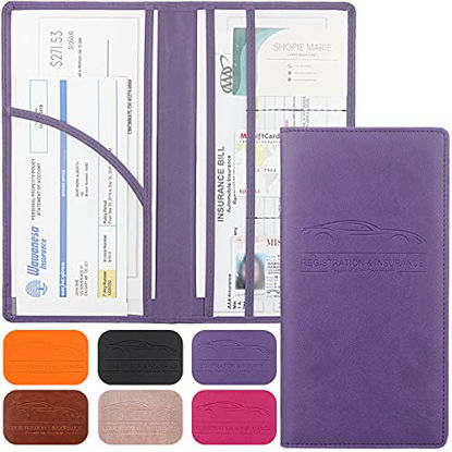 Picture of Car Registration and Insurance Holder, Premium Leather Registration and Insurance Card Holder,vehicle Glove Box Car Organizer,wallet Accessories Case with Magnetic Shut for Cards, Essential Document (Purple)