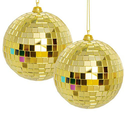Picture of 2 Pieces Disco Mirror Balls Hanging Ball for 50s 60s 70s Disco DJ Light Effect Party Home Decoration Stage Props School Festivals Party Favors and Supplies 4 Inch (4inch, Gold)