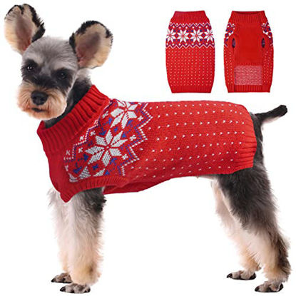 Picture of Kuoser Dog Cat Sweater, Holiday Christmas Snowflake Pet Warm Knitwear Dog Sweater Soft Puppy Clothing Dog Winter Coat, Dog Turtleneck Cold Weather Outfit Pullover for Small Medium Dogs Cats