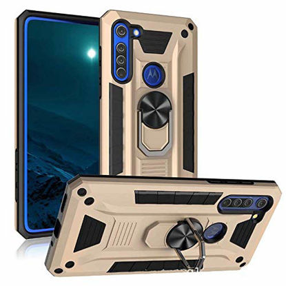 Picture of Ranyi Moto Edge 5G Case, Heavy Duty Armor Case with 360 Rotating Ring Holder Kickstand Feature Shock Absorbing Full Body Protective Defender Rugged Case for Motorola Moto Edge 5G (2020), Gold